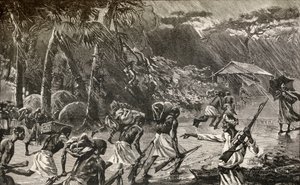1886年から1889年にかけて、ヘンリー・モートン・スタンリー卿のエミン・パシャ救援アフリカ遠征に参加した先住民のポーターたち。 作： English School