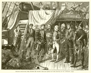 1797年のセントビンセントの戦いでサンジョセフの剣を受け取ったネルソン 作： English School
