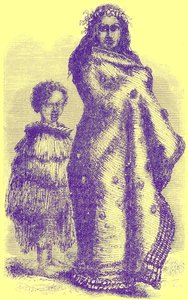 ウィリアムキングストンの著名なボイジャーからのニュージーランドの女性と少年のイラスト、1885年に発行（デジタル処理された画像） 作： English School