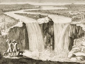 ナイアガラフォールズ、1677年にヘネピン神父が1866年に宗教トラクト協会から出版された「アメリカンピクチャーズ」からスケッチした後 作： English School