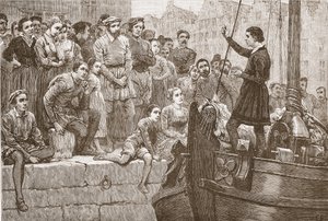 スケルデットのボートから群衆に説教するニコラス、ジェームズエイトケンワイリー（1808-1890）による「プロテスタンティズムの歴史」のイラスト、パブ。 1878 作： English School