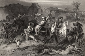 1858年に発行された「インディアン反乱の歴史」からの夜の出撃と手荷物ワゴンへの攻撃 作： English School
