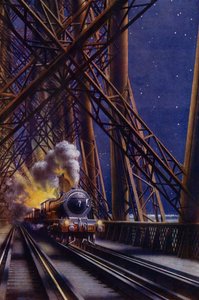 スコットランド、フォース橋を渡る夜行列車（カラーリソ） 作： English School