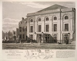 1814年のグレートサリーストリート、オベリスク近くのサリーシアター、旧ロイヤルサーカスの北東ビュー 作： English School