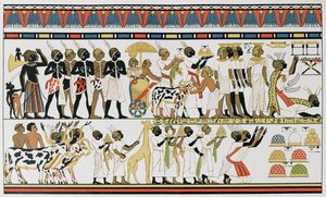 エジプトの王にプレゼントをもたらすヌビアの首長、テベスの墓からの古代エジプトの壁画のコピー、紀元前1380年頃、フリードリッヒラッツェル教授による人類の歴史、第III巻、1898年 作： English School