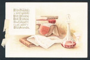 古い本とワインデカンタ、クリスマスカード 作： English School