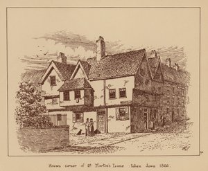 1866年に取り壊された旧家、セント・マーチンズ・レーンの角（リトグラフ）