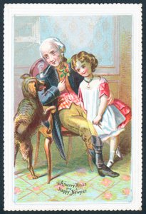 女の子と犬、クリスマスカードと椅子に座っている老紳士 作： English School