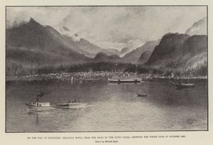 クロンダイクへの道中、スカッグウェイの町、リン運河の頭から、1897年10月のホワイト・パスの様子（リトグラフ 作： English School