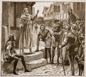 ウィリアムズの貧しい司祭の一人が人々に説教をしている、イングランドのカッセルズイラストレイテッドヒストリーのイラスト（セピア写真） 作： English School