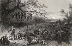 1858年に出版された「インディアン反乱の歴史」からの、ベナレスのハイランド旅団の外れのピケット 作： English School