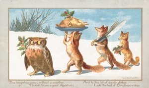 クリスマスのごちそう、クリスマスカードを運ぶフクロウとキツネ
