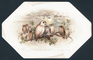 木の枝、クリスマスカードに座っているフクロウ 作： English School