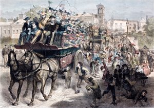 ビクトリア朝時代、ロンドンの人々が田舎で一日を過ごすために満員の馬車に乗っていた（カラーの彫刻 作： English School