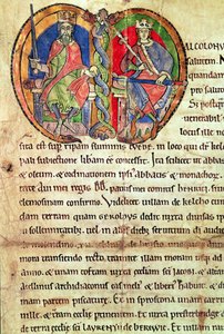 デービッド 1 世 (1084-1153) と孫のマルコム 4 世 (1141-65) を描いたイニシャルが照らされたケルソー修道院憲章のページ (1159 年) (ベラム) 作： English School