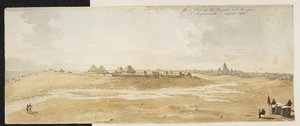 1820年9月、海岸の前景にヨーロッパのバンガローが見える、西から撮影されたプリ（オリッサ州）のジャガンナート大神殿のパノラマ（紙に水彩） 作： English School