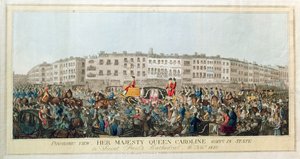全景。 1820年11月20日、パブのセントポール大聖堂に行く女王キャロライン女王1821（紙にアクアチント） 作： English School