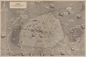 パリ、主要な建物、砦、村、鉄道の位置を示す（彫刻 作： English School