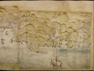 ランズエンドからエクスマウスまでの海岸のパノラマ地図の一部、1539年頃（紙にペンとインクでウォッシュ） 作： English School
