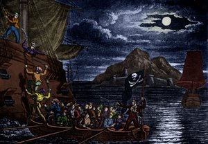 スペイン船に乗り込む海賊たち（西インド諸島）、「The History and Lives of the Most Notorious Pirates」の挿絵。 作： English School
