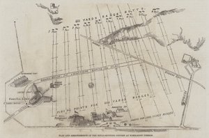 ウィンブルドンコモンで行われたライフル射撃大会の計画と段取り（彫刻 作： English School