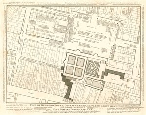 1690年頃に撮影されたベッドフォードハウス、ロンドンのコヴェントガーデンの計画 作： English School
