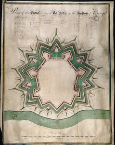 東インド会社の要塞倉庫であるカルカッタとフォートウィリアムのシタデルの平面図、1750年頃（紙にペン＆インク＆水彩） 作： English School