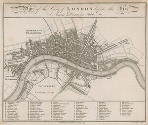 1666年の火災前のロンドン市の計画 作： English School