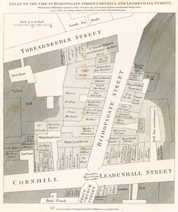 1765年11月7日に始まったロンドンのコーンヒルビショップスゲートストリートとリーデンホールストリートの火災の計画 作： English School