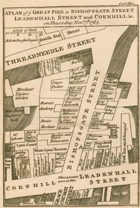 1765年11月7日に始まったロンドンのコーンヒルビショップスゲートストリートとリーデンホールストリートの火災の計画 作： English School