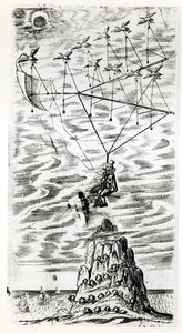 飛行機、月の男の口絵からの図、またはフランシス・ゴドウィン（1562-1633）の迅速な使者であるドミンゴゴンサレスによる旅の談話 作： English School