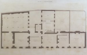 王立研究所による取得後の家の最初の改造後の21 Albemarle Streetの1階の計画、1800年頃（紙に鉛筆とトイレ） 作： English School