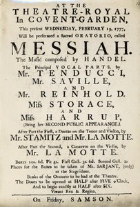 1777年にハンデルのオラトリオ「メサイア」のパフォーマンスを宣伝するPlaybill（印刷された紙） 作： English School