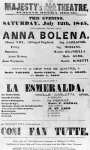女王陛下の劇場のためのプレイビル、イタリアオペラハウス、1845年（印刷された紙） 作： English School