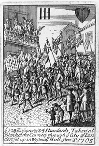 1705年1月3日、ロンドン市で運ばれたブレナムで撮影された旗と規格を描いたトランプ