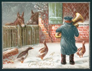 雪の中でトロンボーンを演奏、クリスマスカード 作： English School