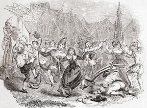 プラウ・マンデー・セレブレーション、ベッシーとピエロのダンス、オールド・イングランドより：A Pictorial Museum, pub.1847 作： English School