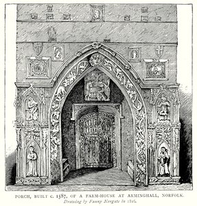 ノーフォーク州アーミングホールの農家のポーチ（1587年頃の建築）（エングレーヴィング 作： English School