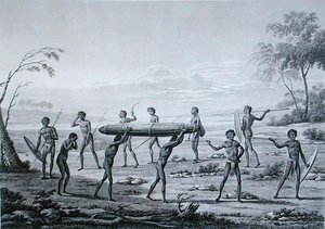 ニューホランド州ポート・ジャクソンアボリジニーの埋葬式。1825年に出版されたLerouge and Villereyによる「Voyage Autour du Monde sur les Corvettes de L