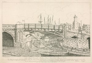 1826年に建設中に描かれたオールドロンドンブリッジの一部 作： English School