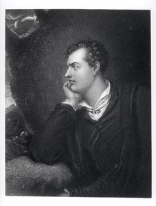 ロッチデールの第6代バイロン卿ジョージ・ゴードン（1788-1824）の肖像（エングレーヴィング）（モノクロ写真 作： English School