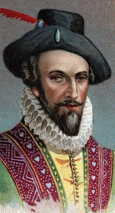ローリー・サー・ウォルター(1554-1618)の肖像。イギリスの船乗り、探検家、ブローカー - シリーズ "Leaders of Men "より - クロモリトグラフ - イギリスの学校、20世紀 - 。 作： English School