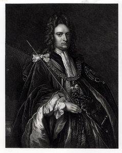 ロバートハーレーの肖像、最初のオックスフォード伯爵（1671-1724）（彫刻）（bw写真） 作： English School