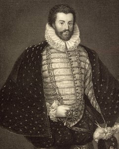 1823年「ロッジの英国の肖像」からのクリストファーハットン卿（1540-91）の肖像 作： English School