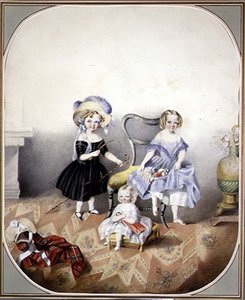 仮装した青い目の三人娘の肖像」1840年頃（水彩・紙） 作： English School
