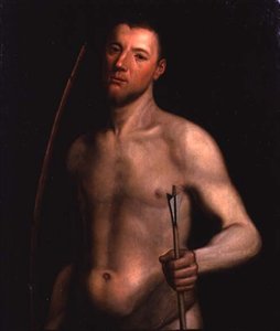 聖セバスチャンに扮した男性の肖像」1554-60年頃（パネルに油彩 作： English School
