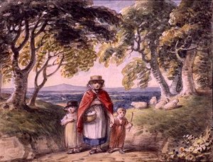 森の風景の中の女性と二人の子供の肖像」1820年頃（紙に水彩画） 作： English School