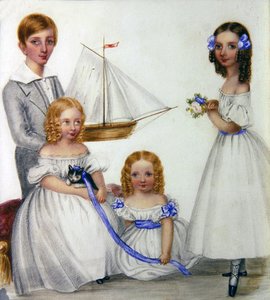 帆船と子猫を持つ4人の子供の肖像 1830年頃（紙に水彩画） 作： English School