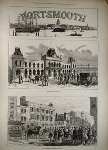 ポーツマス：1882年4月8日、「イラストレイテッドロンドンニュース」の駅とハイストリート、ガバメントハウス 作： English School