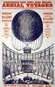 1867年に出版された "Aerial Voyages over London "のポスター（カラーリトグラフ 作： English School